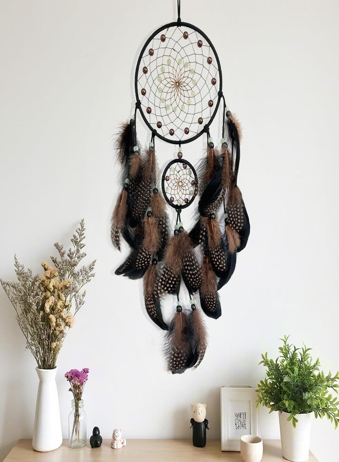 SOYUZU Brown and Black Dream Catcher Wall Decor Feather Dream Catchers with Luminous Bead Handmade Dreamcatcher Wall Hanging Ornament for Bedroom Living Room Home Decor - Image 3
